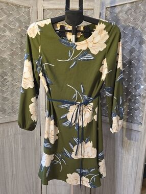 Olive Green Floral Tie-Waist Long Sleeve Dress